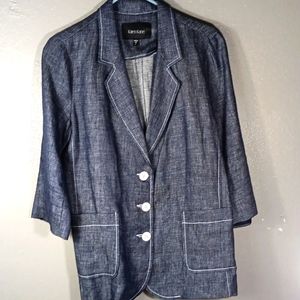 Karen Kane blue rushed sleeve Jacket 100% Linen blue denim color.